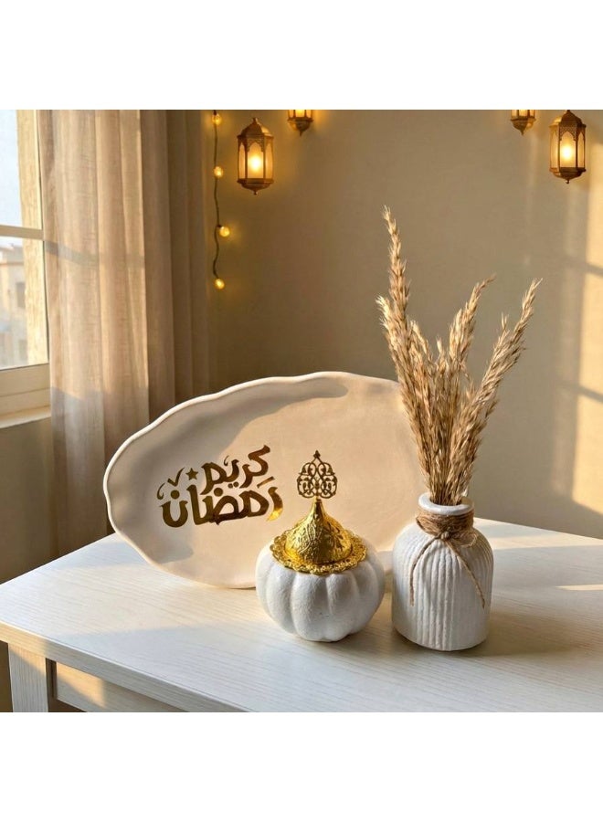 Handmade Ramadan table decoration set - a pompous vase, an incense burner with a metal lid, and a coaster with "Ramadan Kareem" written on it. - Image 1
